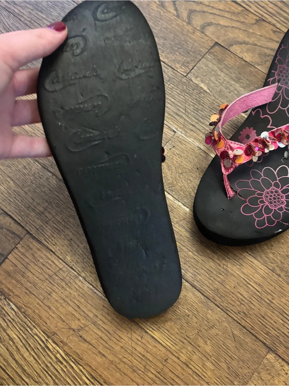 Candie's Black Sandals with Pink Floral Footbed and Beaded Pink Straps